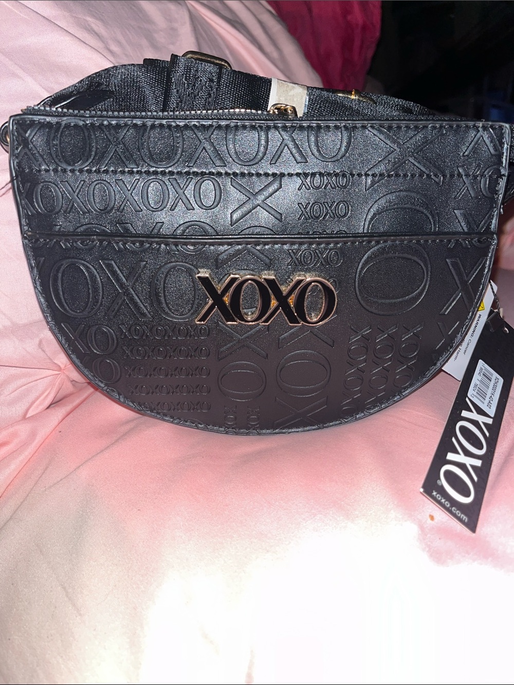XOXO Black Embossed Half-Moon Crossbody with Gold Logo